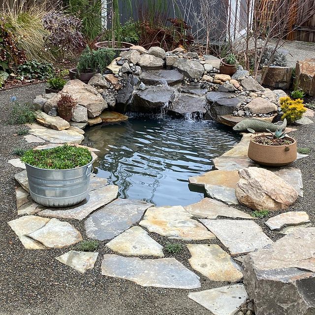 photo of a backyard pond with a rock waterfall